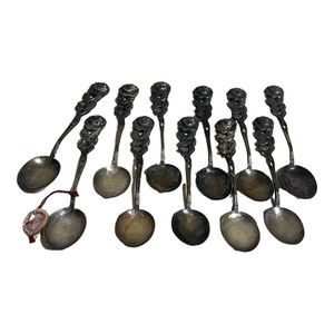 Vintage Antiko 100 Silver Bon-Bon Coffee Spoon Rose Handle 11 Piece Set Germany